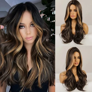 24" Long Wavy Brown Blond Wigs Highlights Daily Synthetic Hair for Women Cosplay - Picture 1 of 4