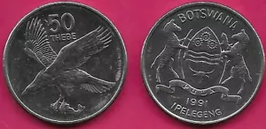 BOTSWANA 50 THEBEN 1991 UNC AFRIKANISCHER FISCH ADLER LINKS, WERT OBEN, nationale Waffen von - Bild 1 von 1