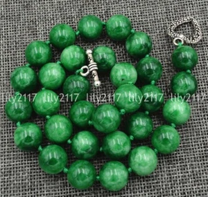 Natural 12mm Green Jade Gems Round Beads Necklace Tibetan silver love clasp 18'' - Picture 1 of 5
