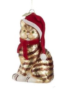 Sitting Brown Tabby Kitty Cat with Santa Hat Glass 3.5" Christmas Ornament