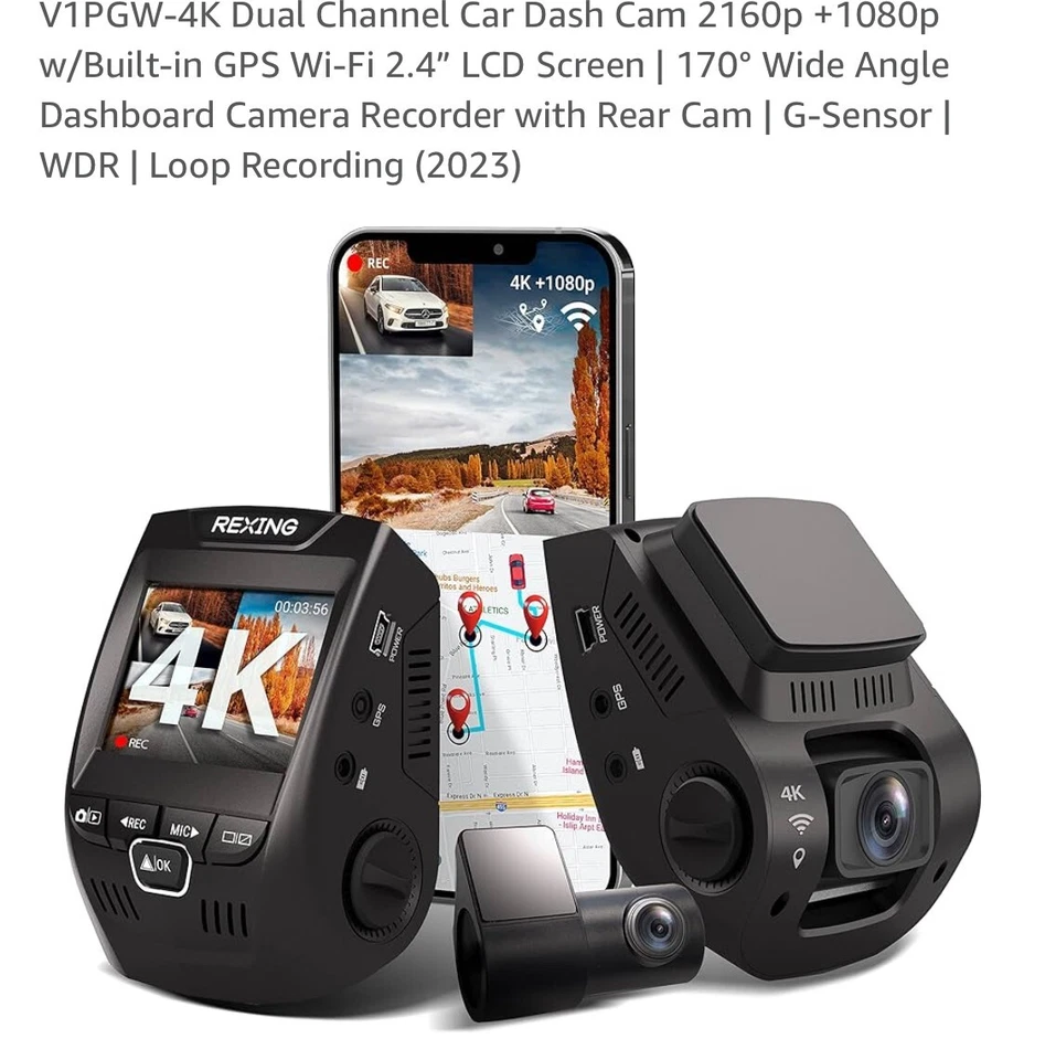 4K Dual Channel Car Dash Cam 2160p +1080p w/Built-in GPS Wi-Fi 2.4” LCD REXING - Image 1 of 4