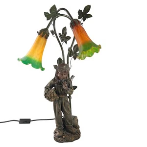 Tiffany Style Green Yellow Tulip Water Lily Table Lamp W/ Girl 24" Art Nouveau - Picture 1 of 21