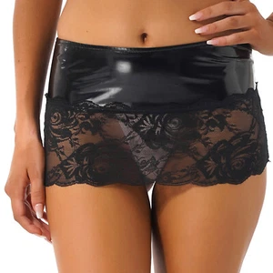 Womens Leather Lace Trim Mini Skirt Low Waist Bodycon Pencil Mini Skirt Clubwear - Picture 1 of 32