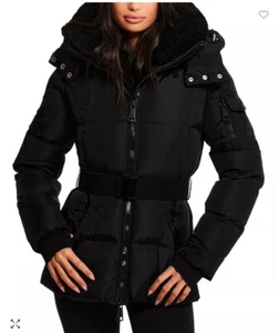$625 SAM. Liv Belted Hooded Puffer Coat Jacket COLOR Matte Black/Black Sz S~ NWT - Picture 1 of 4