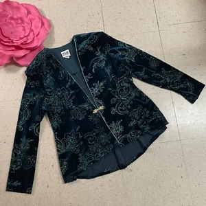 R&M RICHARDS Womens Sz 16 Velvet Floral Glitter Jacket Sparkle Party Glam Green - Picture 1 of 10