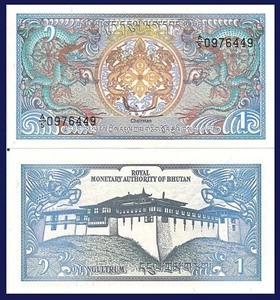Bhutan P12, 1 Ngultrum, Paro Rinpung Dzong Palace / Dragons! UNC, 1986 - Picture 1 of 3