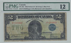 1923 Dominion of Canada DC-26c, $2 McC/Sau SN F-271042 Bl Sl Gr 1  PMG F-12 - Bild 1 von 2