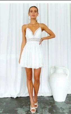 Angel Biba White Lace Trim, Open Back Fit & Flare Dress Laceup back Padded Bust - image 1 of 4