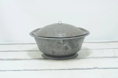 Antique 1800s Primitive "NEW KINK" Dough Bowl Covered Large Metal Tin Bowl - Image 1 of 4