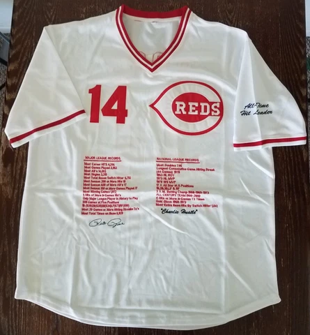 Pete Rose # 14 Cincinnati Reds Stat's Jersey All Time Hit Leader MLB  Size  XL Cover