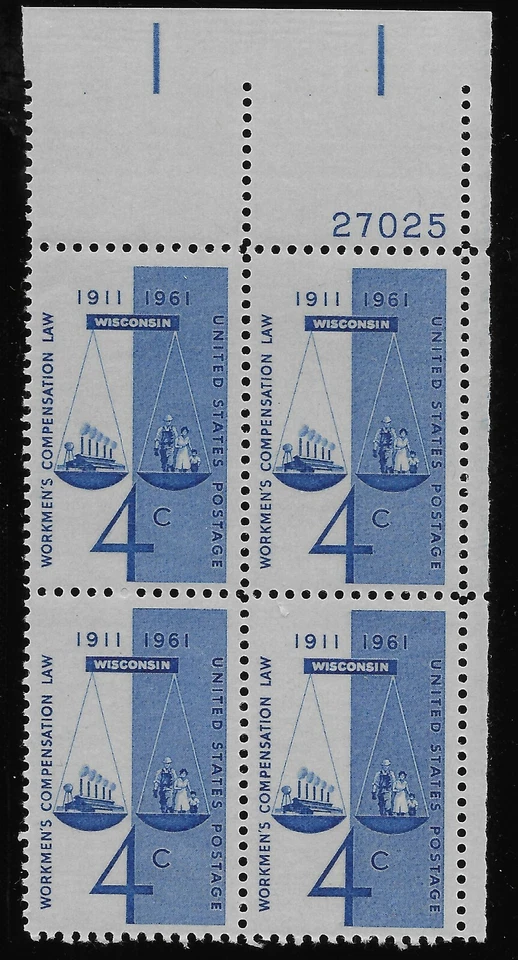US Scott #1186, Plate Block #27025 1961 Workmen's Comp 4c FVF MNH Upper Right - Image 1 of 1