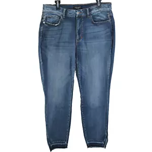 Pantalones de mezclilla elásticos lavados oscuros talla 14W azul Judy ajustados dobladillos desgastados - Imagen 1 de 6