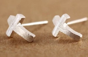 Sterling Silver Curved Cross Shaped Stud Earrings - Picture 1 of 1