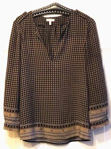 Joie 100% Silk Women Sz M Blouse Popover Long Sleeve Black/Yellow/ Blue Ornament - Picture 1 of 10