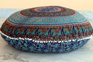 Indian Mandala Round Meditation Pom Pom Floor Cushion Cover Elephant Cotton 32" - Picture 1 of 1