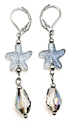 Playa! Pendientes colgantes GRIS de vidrio multicolor STARFISH de acero inoxidable con cierre de palanca Foto 1 de 4