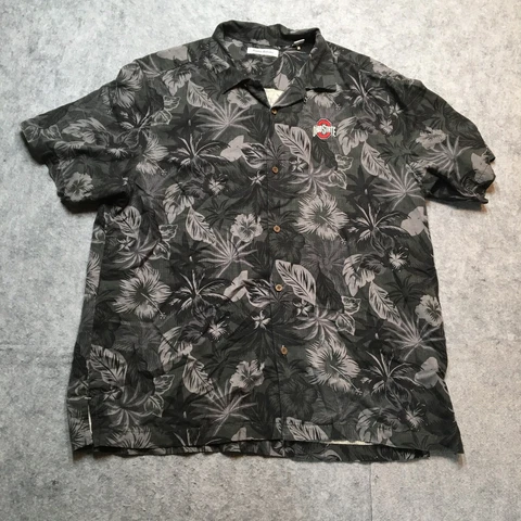 Tommy Bahama Ohio State Hawaiian Shirt Mens XL Gray Floral Silk Buckeyes Logo Cover