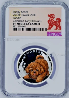 2018 Puppies Poodle Tuvalu PROOF Silver NGC PF 70 1/2oz Coin Lunar Year DOG  - Image 1 of 4