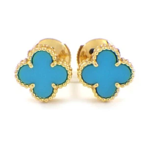 Van Cleef & Arpels Pierced Earrings Sweet Alhambra Rare Turquoise 750YG - Picture 1 of 8