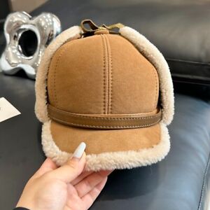 Men's Real Sheep Shearing Fur Hat Warm Peaked Cap Russian Hunter Hat Earlaps