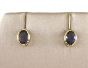 14k Yellow Gold Iolite Earrings Oval Bezel Stud Small Child - Picture 1 of 2