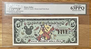 DISNEY DOLLAR SPECIMEN 2000 $5 GOOFY: DISNEYLAND PARK BACK GRADED 63 PPQ - Bild 1 von 4