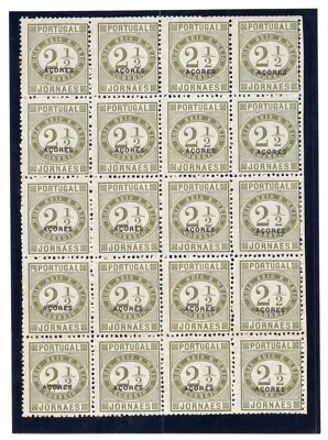 PORTUGAL AZORES 1876 NEWSPAPER STAMPS 2½R BLOCK OF 20 SC. #P4 MINT NH - Image 1 of 3