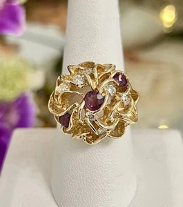14k Yellow Gold Vintage Ladies Natural Ruby Diamond Cluster Cocktail Ring 7.75 - Picture 1 of 11