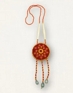 Handmade Beaded Medallion Necklace Red Yellow Bone Beads Cowrie Shells - Picture 1 of 6