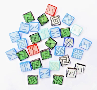 31 Small Glass Square Opague Buttons w/ Painted Geometric Lines on Face - Image 1 of 4