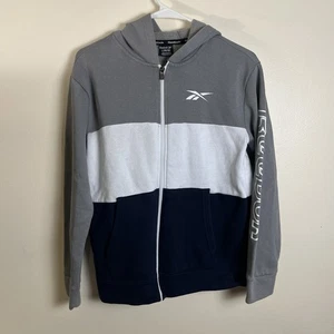 Felpa con cappuccio e zip intera Reebok Color Block blu navy/bianco/grigio tasche grandi - Foto 1 di 10