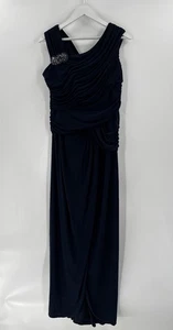 Adrianna Papell Evening Gown Womens 16 Blue Maxi Dress Ruched Jeweled Brooch - Picture 1 of 16