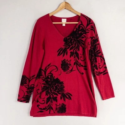 Chico's Tunic Sweater 1 US Medium Red Black Floral Lightweight V Neck Pullover - Image 1 of 4