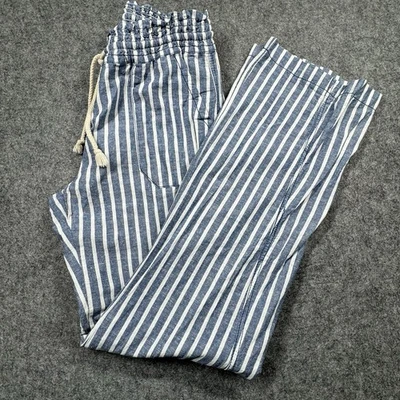 Pantalones Style Me Mujer S Mezcla de Lino Azul Blanco Rayas Pierna Ancha Playa Costera Foto 1 de 4