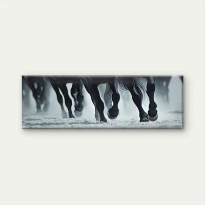Panoramic  Black and White Running Horses Canvas Print Wall Art Home Decor - Image 1 of 4