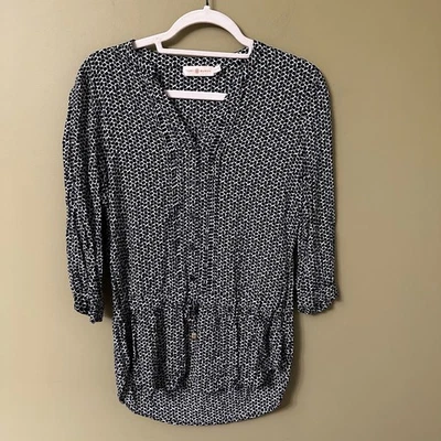 Tory Burch Sz XS Button Down Tunic Top Navy White Animal Print Drawstring Waist - Image 1 of 4