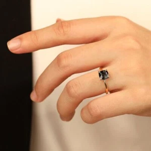 Natural Cushion Cut Black Spinel Gemstone Engagement Ring 18k Solid Gold ring d6 - Picture 1 of 6