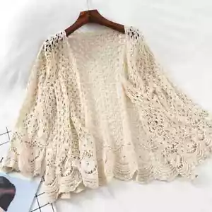 Open Lace Cardigan Crocheted Hollow Out Shrug Female Casual White Flower Floral - Picture 1 of 26