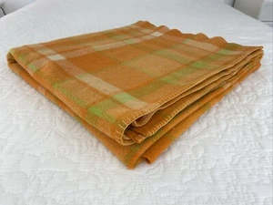 Vintage Orange Green Check Pure Wool Single Blanket 200 cm x 150 cm - Picture 1 of 16