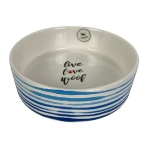Park Life Designs "Live Love Woof" 6.5" Pet Bowl Blue Stripes NEW with Chip - Picture 1 of 5