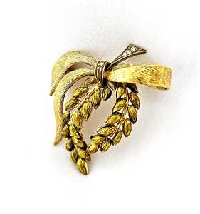 Joan Rivers Band Schleife & Blatt Brosche Emaille goldfarben Schmuck Vintage EUC fabelhaft! - Bild 1 von 5