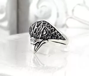 Mens Southwest STYLE Crow Raven sterling silver 925 band ring - Picture 1 of 14