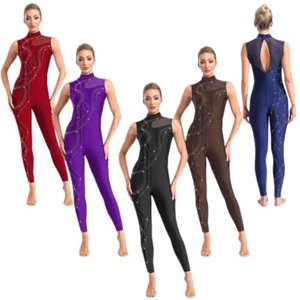 Women Rhinestone Gymnastics Leotard Unitard Full Length Sleeveless Jumpsuit - Picture 1 of 51