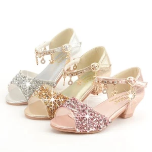 GIRLS DIAMANTE SHOES WEDDING PARTY BRIDESMAID LOW HEEL MARY JANE EVENING SANDALS - Picture 1 of 42
