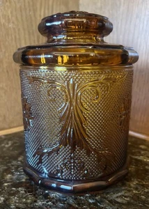 TIARA Indiana Sandwich Glass Amber Lidded Biscuit Candy Jar Canister Vintage - Picture 1 of 8