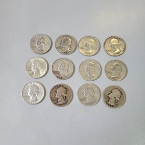 90% Silver Washington Quarters, Pre- 1965, Lot of 12 Coins Assorted Mints - Picture 1 of 6