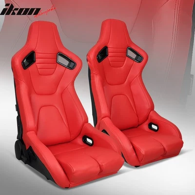Bucket Racing Seats Universal Pair Reclinable Dual Sliders Red PU Carbon Leather Foto 1 de 4