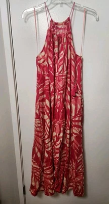 Tahari Linen Blend Halter Top Pink Coral Palm Leaf Trapeze Maxi Dress XL Pockets - Image 1 of 4