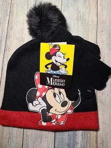 NEW Disney Minnie Mouse hat and gloves set for child beanie black red NWT - Picture 1 of 11