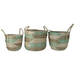 Northlight Set of 3 Natural Woven Seagrass Basket with Teal Black White Accents - Picture 1 of 5
